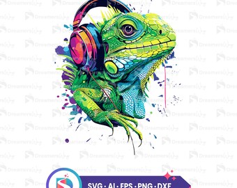 May include: A colorful illustration of an iguana wearing headphones. The iguana is green, blue, and yellow. The headphones are pink, blue, and red. The background is a white canvas with colorful paint splatters.