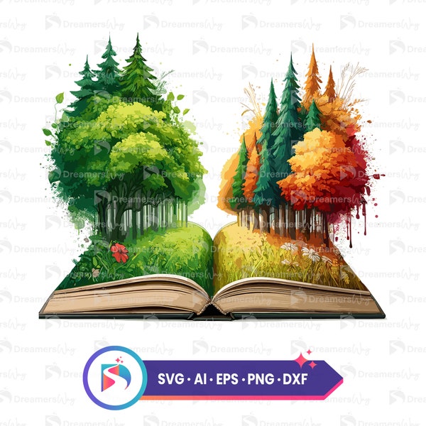 Watercolor mystical forest with book svg, ai, eps, dxf, png digital download for crafting, instant download.