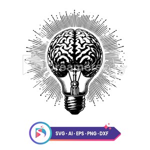 May include: Black and white illustration of a brain inside a lightbulb, surrounded by radiating lines. The image suggests ideas and innovation. The bottom right corner features a graphic with the text "SVG • AI • EPS • PNG • DXF".
