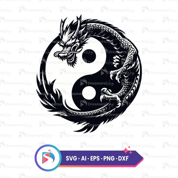 Dragon enroulé autour d'un symbole yin yang, yin yang dragon symbole svg, ai, eps, png, fichiers dxf, téléchargement immédiat.