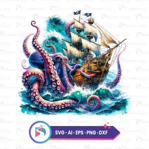 Watercolor kraken svg, tentacles svg, ocean sea monster wall art vinyl decal decor, cutting file clipart vector digital dxf png eps ai.