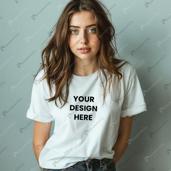 Women's casual white tee mockup, classic plain t-shirt, soft cotton top, everyday essential, versatile fashion, must-have basic wear.