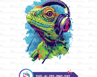 May include: A colorful illustration of a green lizard wearing headphones. The lizard has a bright green, yellow, and blue color scheme. The background is a blue and white watercolor wash.
