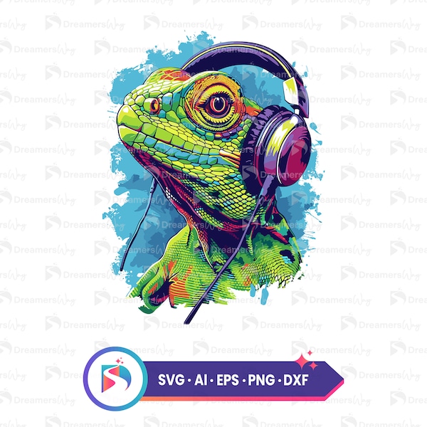 Lizard wearing headphone vector illustration, lizard png, lizard svg, best for print on demand, commercial use, instant download.