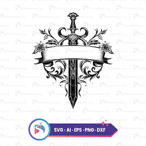 May include: A black and white illustration of a sword with a banner and floral embellishments. The banner is blank and ready for text.