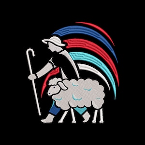 Sheep with walking man embroidery design, lamb embroidery designs, machine embroidery pattern, lamb embroidery, instant download.