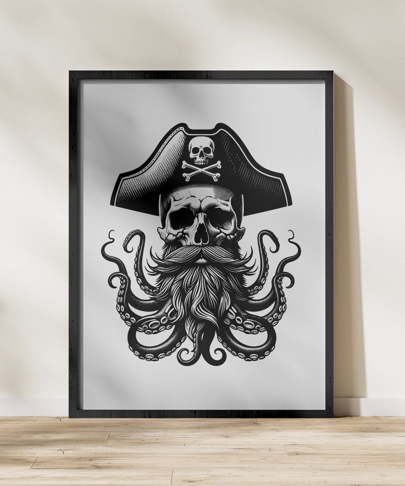 Pirate Skull With Octopus Vector Art, Svg, Pirate Hat Svg, Beard ...