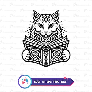 May include: Black and white illustration of a cat reading a book. The cat is drawn in a stylized, Celtic knotwork style. The book is open and the pages are filled with intricate designs.