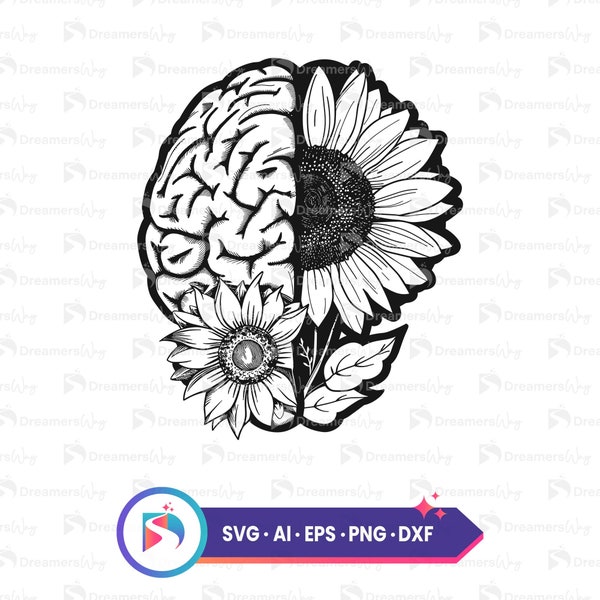 Half a brain with sunflower, svg, sunflower digital download, ai, eps, dxf, png, tattoo style clipart, vintage botanical illustration.
