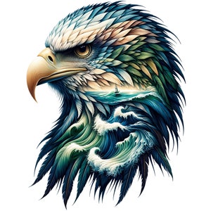 May include: A detailed illustration of an eagle's head with a stylized ocean scene inside the feathers. The ocean is blue and green with white foamy waves and a small sailboat in the distance.
