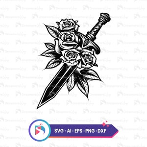 May include: A black and white illustration of a dagger with three roses wrapped around the blade. The roses have detailed petals and leaves.