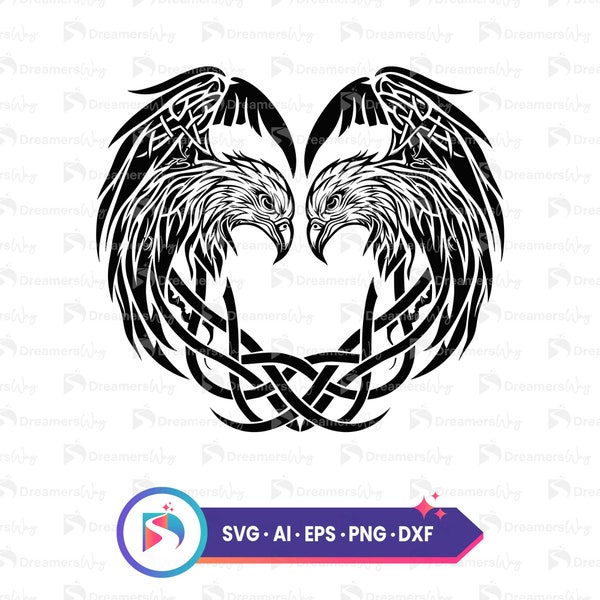 Celtic eagle shape of heart vector illustration svg, ai, eps, png, dxf files for crafting, vinyl cutters, cricut, instante download.