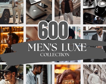 May include: A collage of images featuring men in various settings, including a city street, a bar, and a car. The images are all in a dark and moody style, with a focus on fashion and style. The text "600 Men's Luxe Collection" is displayed in the center of the collage.