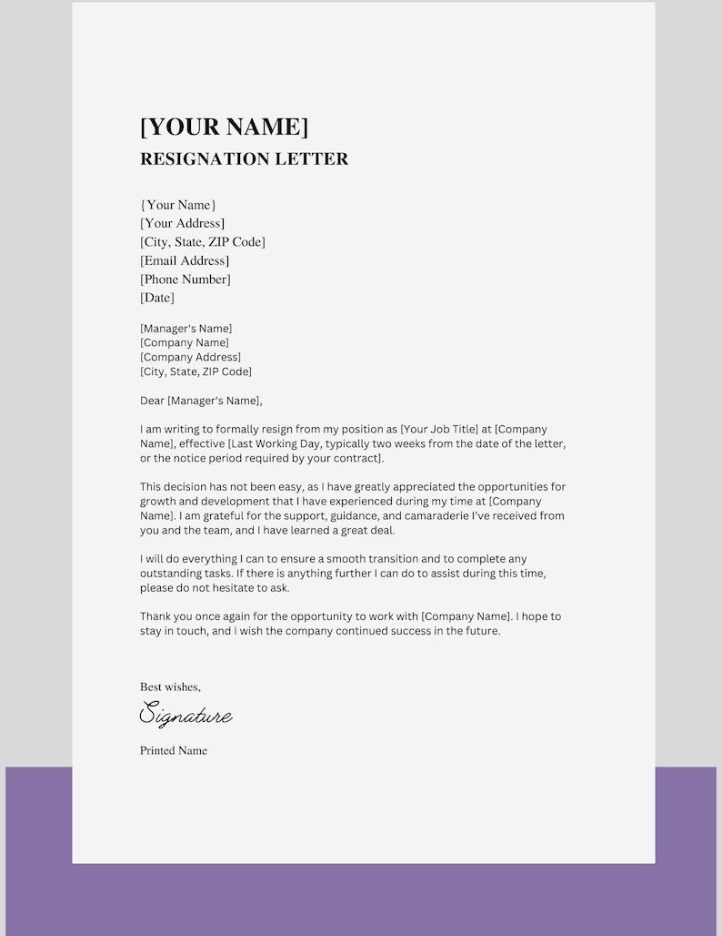 Op de afbeelding: Een sjabloon voor een ontslagbrief met plaatsaanduidingen voor uw naam, adres en andere details. De brief is geformatteerd voor eenvoudige bewerking en bevat een sectie voor uw handtekening.