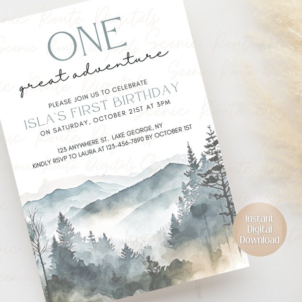 Editable Great Smoky Mountains Themed Birthday Invitation| First Birthday| National Park| Nature Watercolor|One| 1st Birthday Neutral Invite