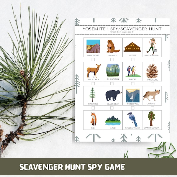 Yosemite NP Children's Spy Scavenger Hunt, Kids Car Road Trip Games, Nature & Wildlife National Park Family Game, Gift, Eye Spy, Spy Game