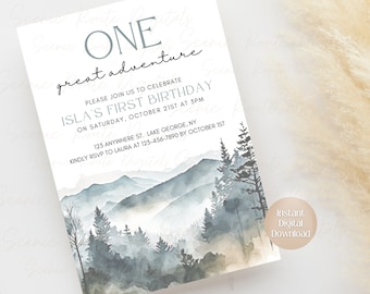 Editable Great Smoky Mountains Themed Birthday Invitation| First Birthday| National Park| Nature Watercolor|One| 1st Birthday Neutral Invite