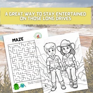 May include: A black and white printable maze activity featuring two cartoon characters, a boy and a girl, wearing ranger hats and uniforms. The text "MAZE" is at the top of the page. The text "HELP KEEP THE PARKS CLEAN GARBAGE IN THE BEAR BOX" is at the bottom of the page.