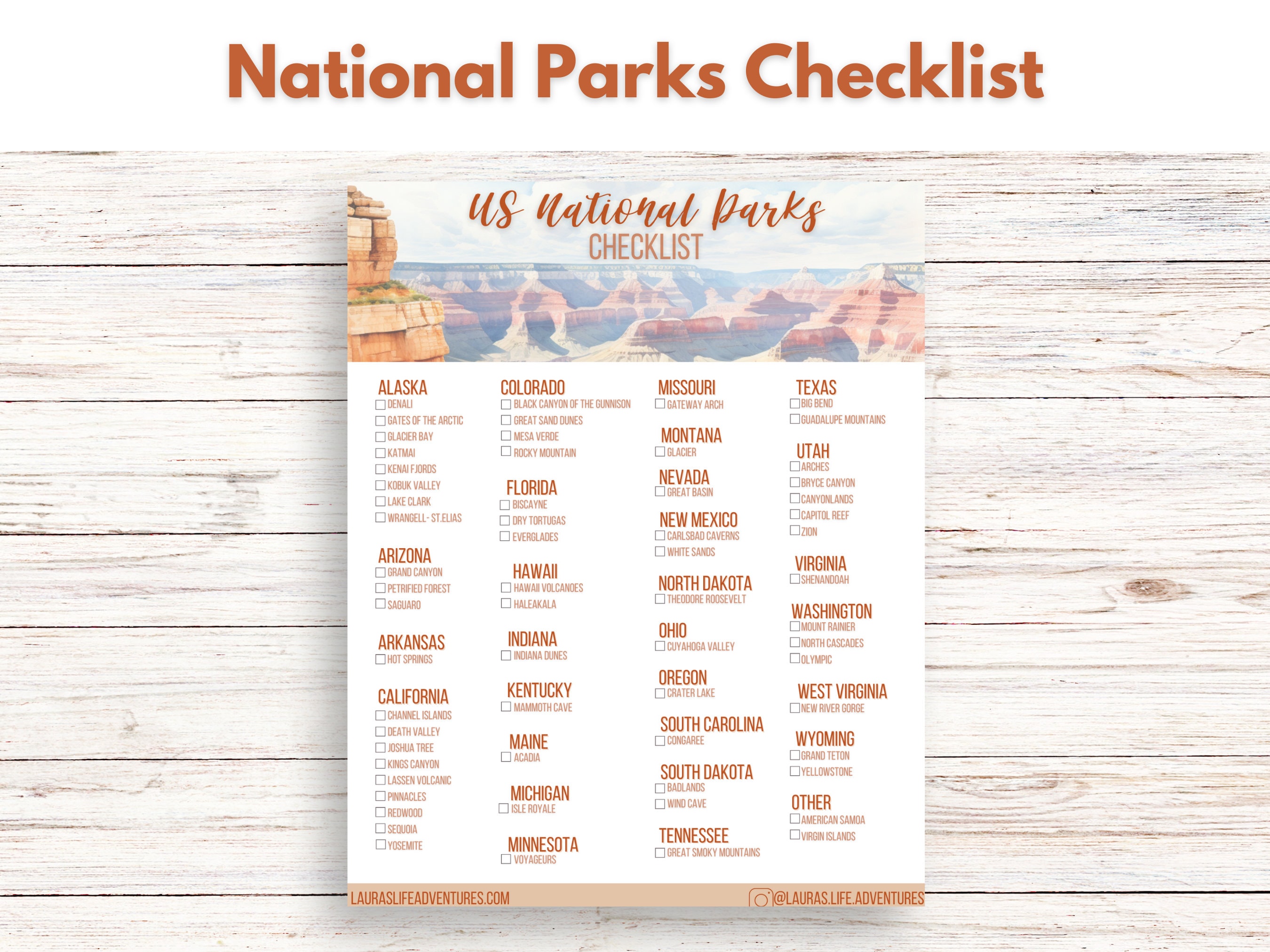 Printable US National Parks Checklist and Tracker, Nature & Wildlife
