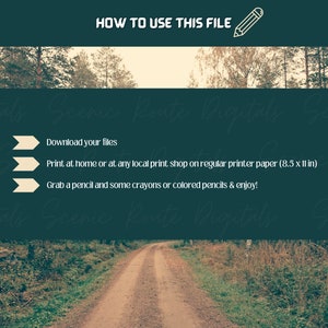 May include: A green background with a forest path in the center. The text "HOW TO USE THIS FILE" is at the top of the image. Three white arrows with black outlines point to the right. The text below the arrows reads: "Download your files", "Print at home or at any local print shop on regular printer paper (8.5 x 11 in)", and "Grab a pencil and some crayons or colored pencils & enjoy!"