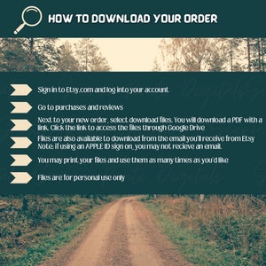 May include: A green background with a white rectangle containing instructions on how to download your order from Etsy. The instructions include signing into your Etsy account, going to purchases and reviews, and clicking the download link. The text also mentions that files are available to download from the email you receive from Etsy.