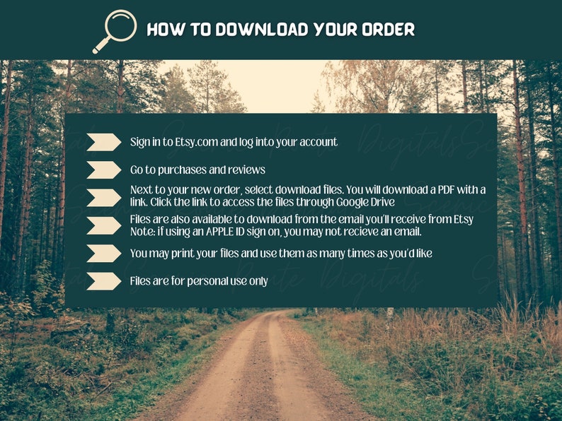 May include: A green background with a white rectangle containing instructions on how to download your order from Etsy. The instructions include signing into your Etsy account, going to purchases and reviews, and clicking the download link. The text also mentions that files are available to download from the email you receive from Etsy.
