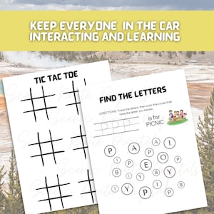 May include: Two printable worksheets for kids. The first is a tic-tac-toe game with three blank grids. The second worksheet has the letters P, A, I, O, B, E, and Y scattered around the page. The instructions say to trace the letters and then color the circles that have the letter you traced. The text "is for PICNIC" is at the top of the page.