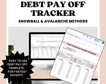 Può includere: Uno schermo di computer che mostra un foglio di calcolo con il titolo "Debt Avalanche Payoff Calculator". Il foglio di calcolo è progettato per aiutare gli utenti a tenere traccia dei loro pagamenti del debito e creare un piano per ripagare i loro debiti utilizzando il metodo dell'avalanche. Il foglio di calcolo include colonne per il nome del debito, il saldo, il pagamento minimo, il tasso di interesse e il pagamento. Il foglio di calcolo è in uno schema di colori rosa chiaro e bianco.