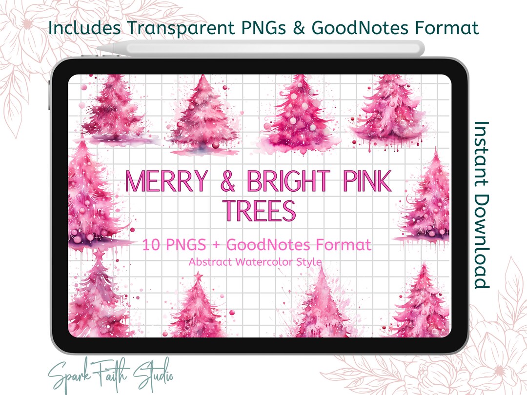Pink Christmas Tree Digital Sticker Pack, Watercolor Holiday Clipart ...