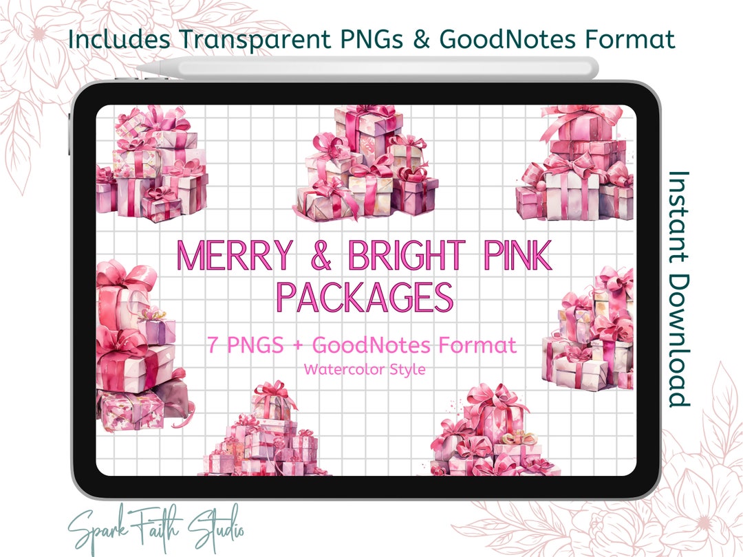 Pink Christmas Packages Digital Sticker Pack, Watercolor Holiday ...