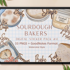 Op de afbeelding: Digitale stickerset voor zuurdesembroodbakkers met 33 PNG's in aquarelstijl. De stickers bevatten illustraties van zuurdesembrood, starter en bakgereedschap met tekst zoals "Deeg mengen", "Insnijden", "Gisten", "Rekken en vouwen", "Bakken", "Vorm geven" en "Starter voeden".