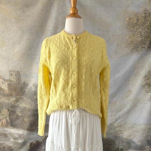 Vintage 70s Yellow Knit Cardigan: Retro Acrylic Button-Down, Size Medium