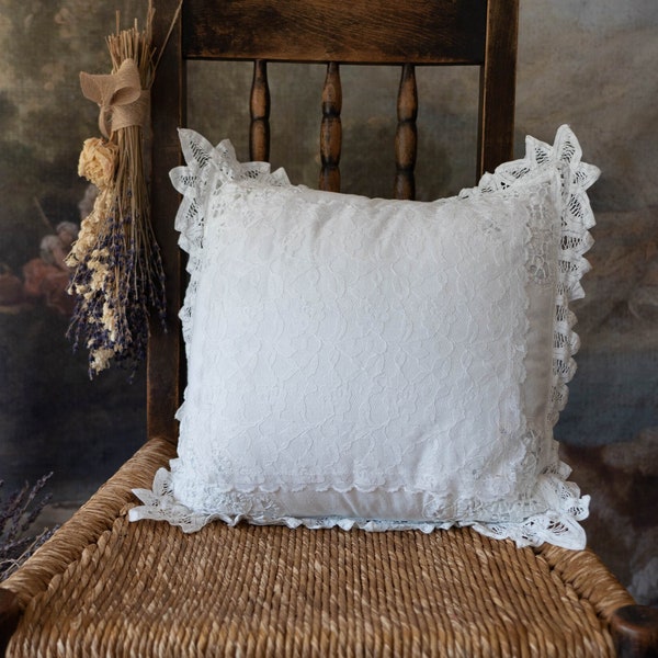 Vintage White Battenburg Lace Pillow Embroidered Shabby Chic Accent Pillow Lace Home Decor Throw Pillow