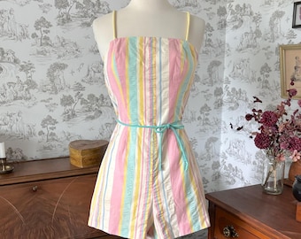 Vintage 70s Seawaves Romper Playsuit Pastel Stripe Print Retro Spring Summer Beach