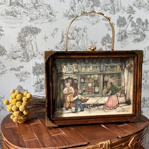 Vintage 60s Anton Pieck Wood Shadowbox Purse Brass Top Handle Handbag Cottagecore Style Unique Kitschy Retro Glass Front
