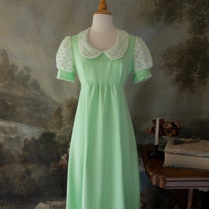 Vintage 60s Union Made Green & White Maxi Dress Puff Sleeve Peter Pan Collar Eyelet Detail Retro Mod Regency Union Made Shabby Chic