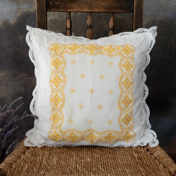 Vintage Handmade Lace Pillow with Yellow Lace Handkerchief Detail Shabby Chic Accent Pillow Lace Home Decor Throw Pillow