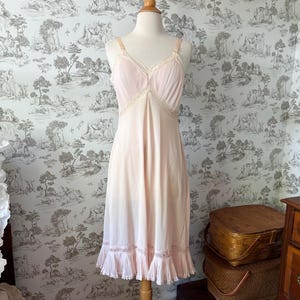Vintage 50s Charmode Pink Nightgown Slip: Pleated Lace Trim, Adjustable Straps