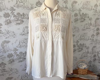 Vintage 90s Together! Cream Blouse with Embroidered Beaded Front: Collared, Light Academia
