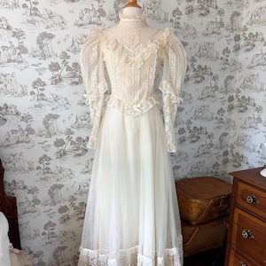 Vintage 80s Ivory Lace Wedding Gown: High Neck Renaissance Bridal Dress