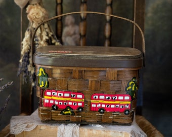 Vintage 70s Red Double Decker Bus Woven Basket Bag - London Purse