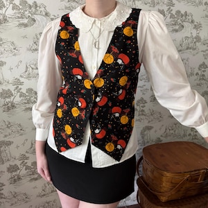 Vintage 90s Basic Edition Black Halloween Vest Cat & Pumpkin Print Unique Dark Fantasy Regency Victorian Aesthetic