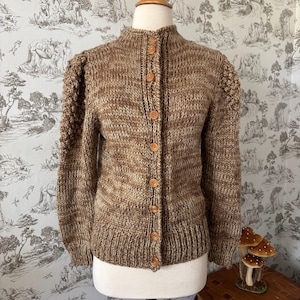 Vintage 80s Reference Point Hand Knitted Cardigan - Brown With Wood Buttons Knit Cottagecore Autumn Fall Fashion Winter