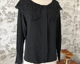 Vintage 90s Black Blouse - Ellen Tracy, Oversized Lace Collar