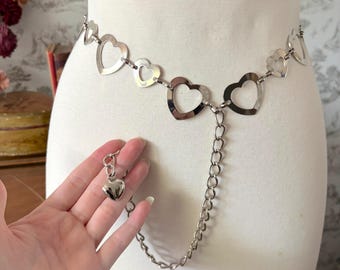 Vintage 90s Silver Heart Chain Belt: Metal Interlocking Hearts Y2K