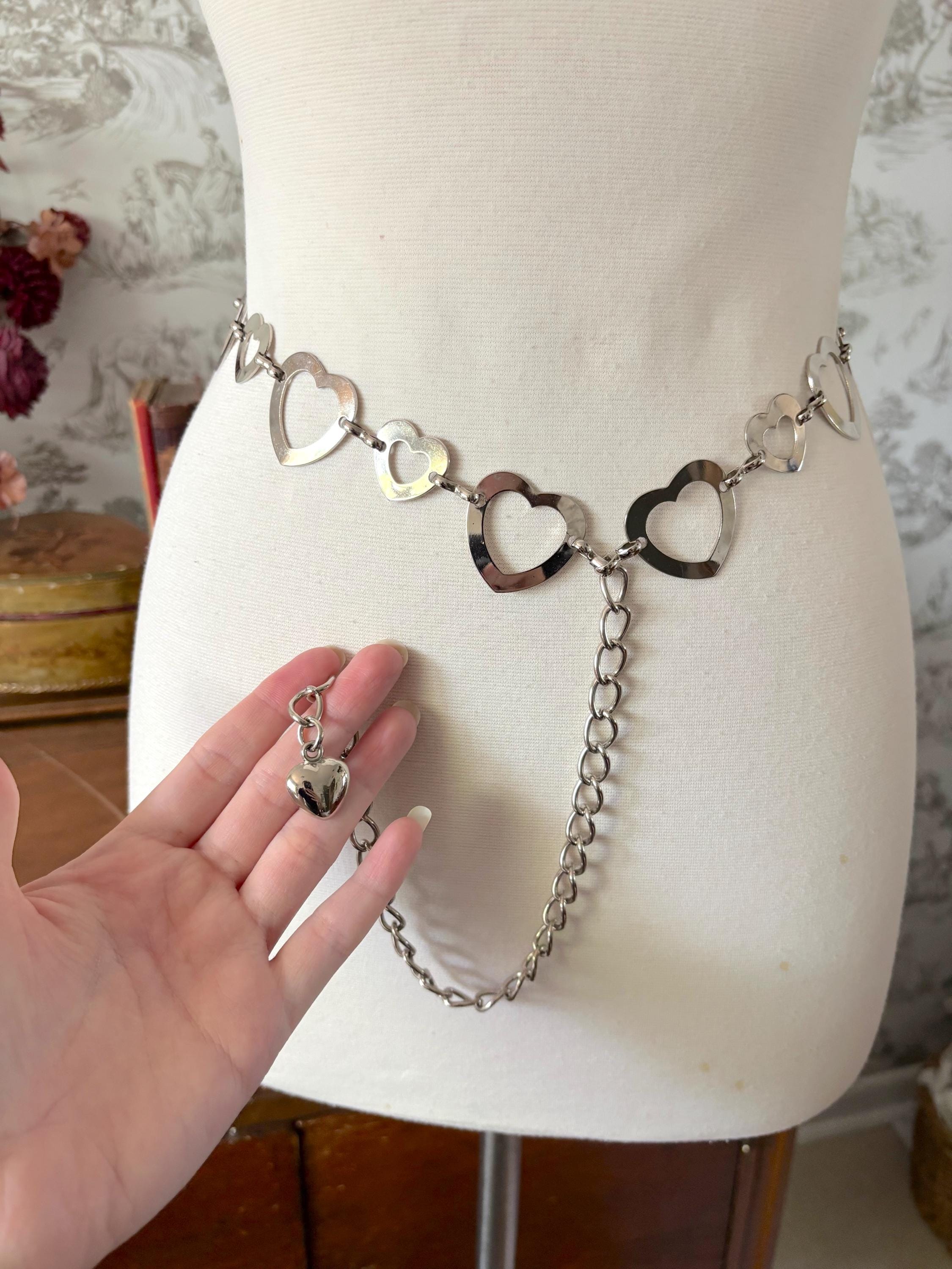Vtg 90s Gold Tone Double Chain Heart Charm Belt Adjustable Lobster Clasp LOVE Chain Belt Love One Size Belts for Women for sale | eBay main image 3