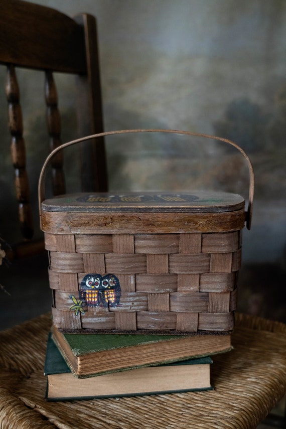 Vintage 70s Wood Owl Basket Bag Retro Woven Purse 