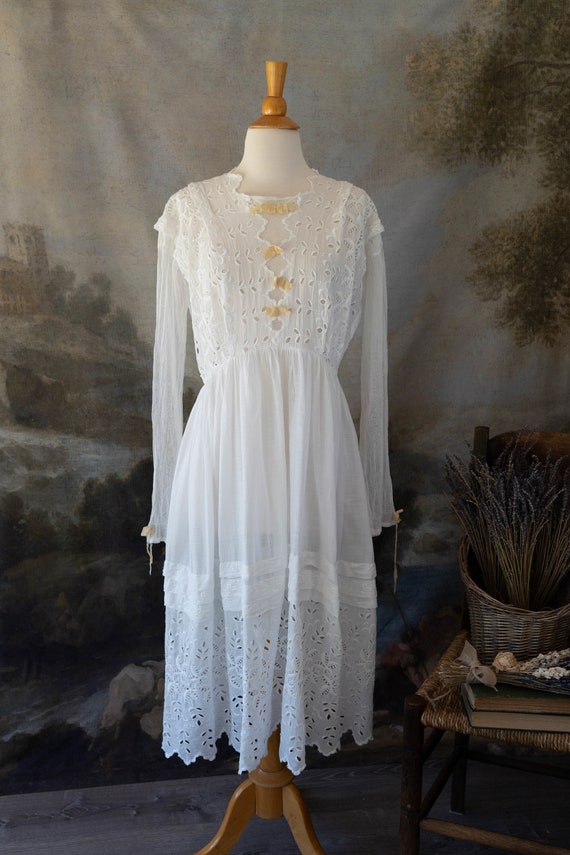 Antique Late 1910s Lace Dress Edwardian White Tea… - image 1