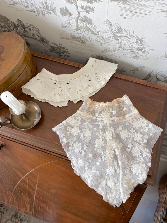 Set of 2 Antique Lace Collars: Victorian/Edwardian 1890s-1910s High Neck, Ruffles, Embroidery