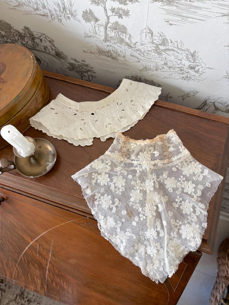 Set of 2 Antique Lace Collars: Victorian/Edwardian 1890s-1910s High Neck, Ruffles, Embroidery image 1